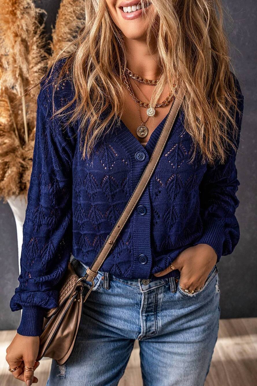NEW SHEWIN open knit button-up cardigan in navy